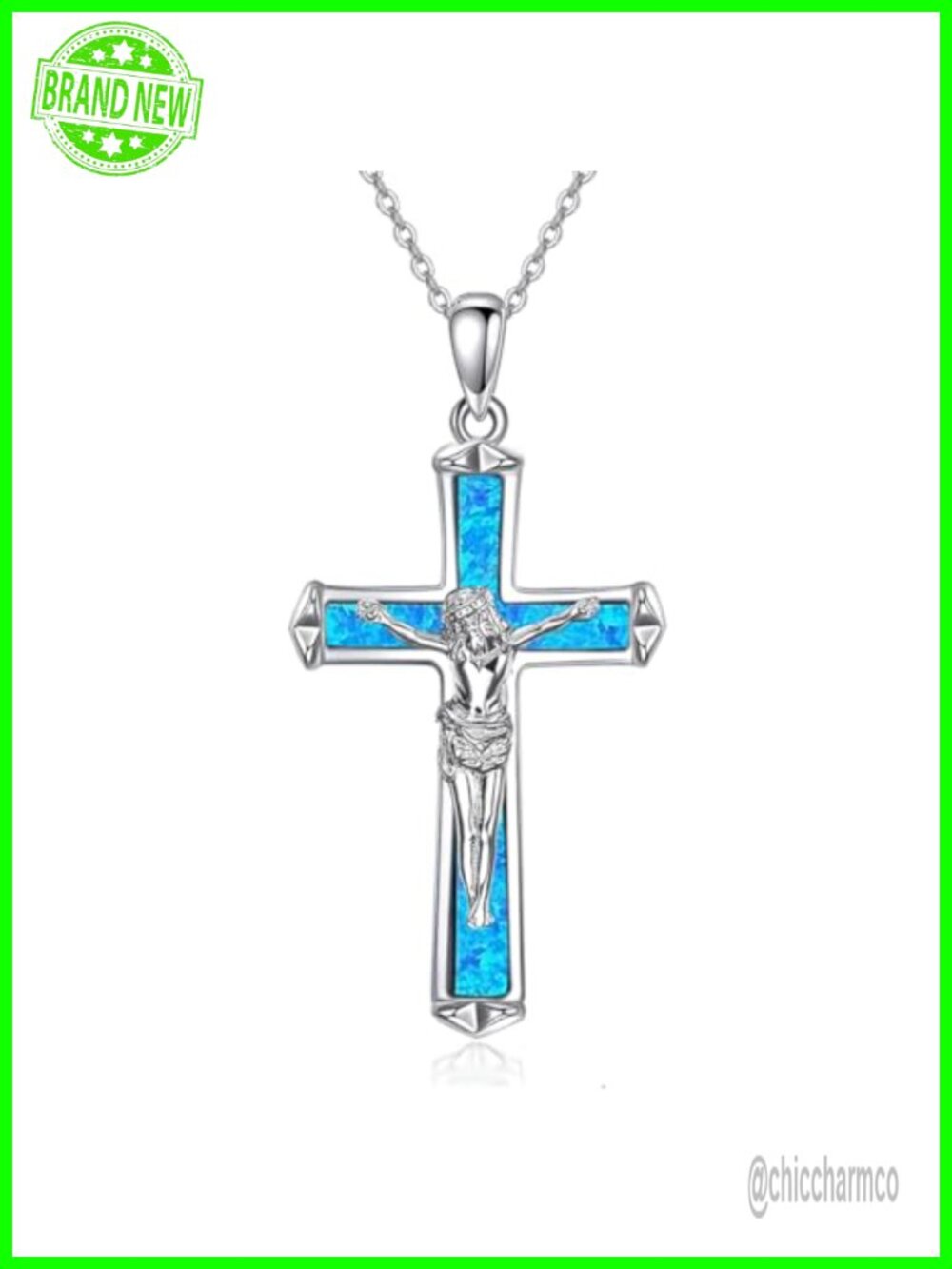 925 Sterling Silver Cross Pendant Necklace Blue Opal 18+2 Inch